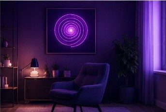 Уютный кабинет для гипнотической сессии с неоновой спиралью